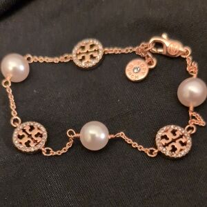 Authentic Tory Burch Rose Gold and Pearl Charm Bracelet With purple Dust Bag